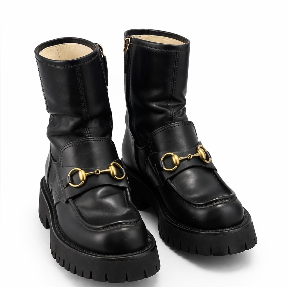 Gucci Horsebit Lug Sole Ankle Combat Boots Black Leather 36.5